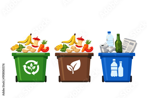 Three waste containers in green, brown, and blue are filled with organic food scraps and recyclable materials like plastic and glass. This illustration promotes environmental sorting.