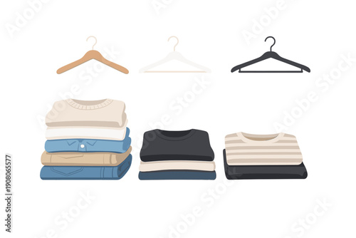 This minimalist illustration features three clothes hangers in wood, white, and black above organized stacks of folded shirts, sweaters, and trousers on a dark background.