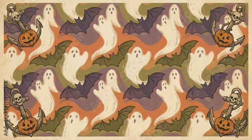 Vintage Halloween Seamless Pattern with Ghosts, Bats, and Nautical Skulls. Retro Spooky Holiday Background.