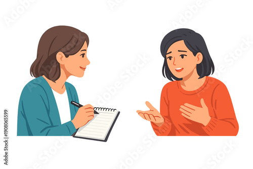A flat illustration depicting a woman taking notes during a conversation with another woman who is speaking and gesturing. Suitable for therapy, coaching, or interview concepts.