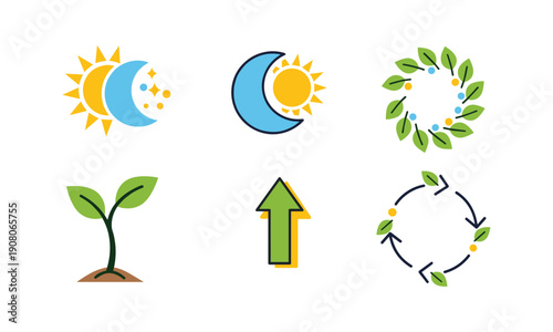 Time cycle and growth icons showing sun moon phases and plant life vector illustration set
