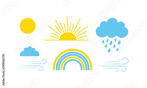 Weather icons set vector illustration sunny cloudy rainy windy rainbow sun set