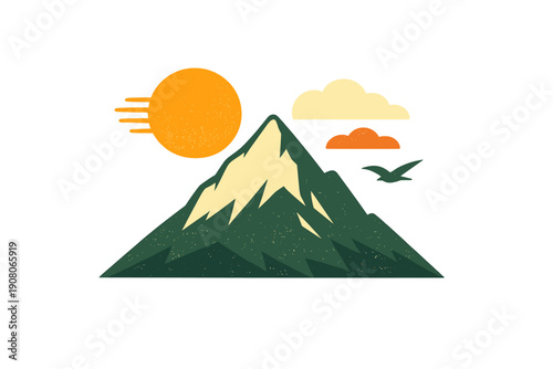 A minimalist vector illustration of a green mountain with a yellow peak under a large orange sun and clouds. A bird flies in the dark sky of this retro-style landscape graphic.