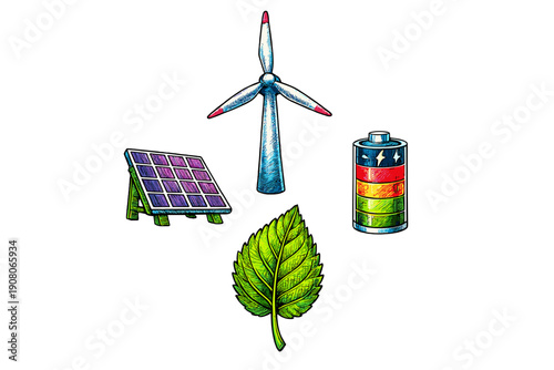 An illustration featuring a wind turbine, a solar panel, a multi-colored battery, and a green leaf, representing renewable energy and sustainable technology on a black background.