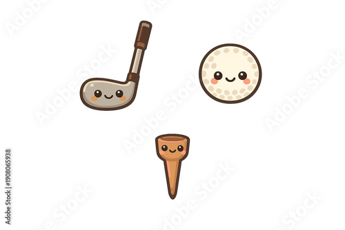 A minimalist vector illustration featuring a kawaii golf club, ball, and tee with friendly smiling faces. The characters are set against a plain black background for a clean look.