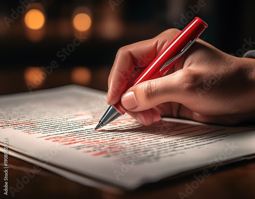 hand with a red pen correcting text representing the meticulous process of editing and proofreading in written communication