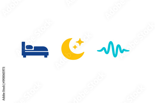 Three minimalist icons representing sleep, night, and sound are displayed on a solid black background. The set includes a blue bed, a yellow moon with stars, and a cyan frequency wave.