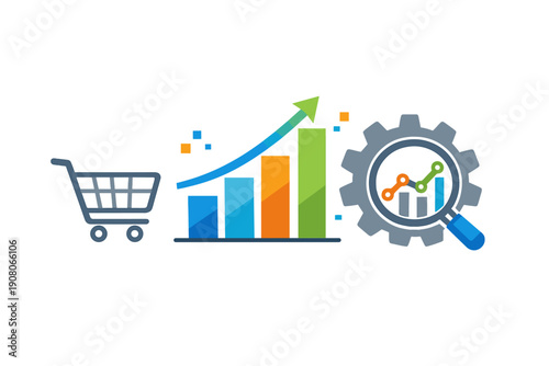 A graphic showing a shopping cart next to a growing bar graph and a gear with a magnifying glass, symbolizing retail sales optimization and business data analytics processes.