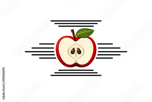 A graphic illustration of a red apple cut in half, showing its white flesh and brown seeds. The apple has a green leaf and is set against a black background with horizontal lines.