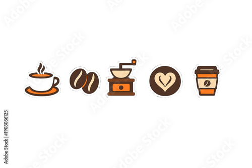 A set of five coffee-themed icons featuring a steaming cup, coffee beans, a manual grinder, latte art with a heart, and a takeaway cup, all presented in a flat sticker style on black.