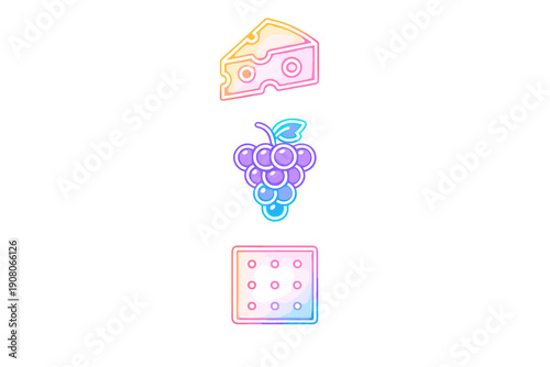A vertical arrangement of three neon food icons featuring a wedge of cheese, a bunch of grapes, and a cracker, all glowing with colorful gradients on a black backdrop.