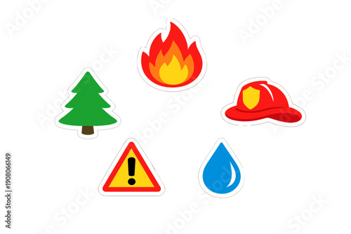 A collection of five colorful vector icons related to fire safety and emergency response, including a bright flame, a pine tree, a firefighter helmet, a warning sign, and a water drop.