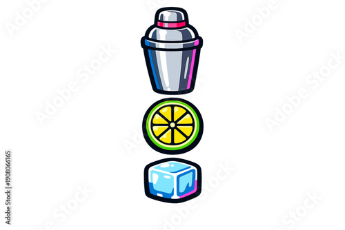 A vertical arrangement of three stylized icons featuring a silver cocktail shaker, a bright green lime slice, and a blue ice cube against a solid black background.