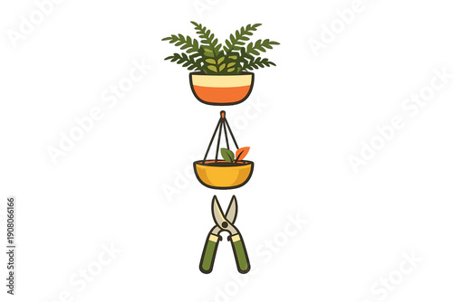 A vertical set of three gardening icons featuring a potted fern, a hanging plant in a yellow bowl, and a pair of green pruning shears, all set against a solid black background.