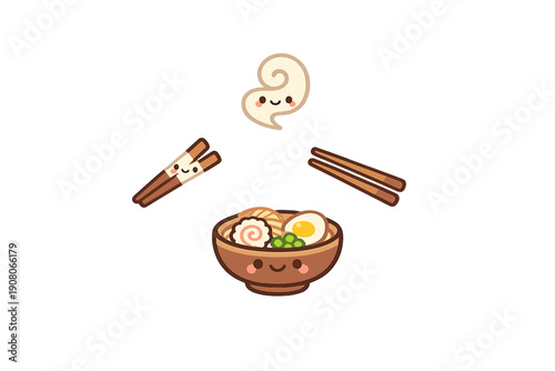 A cute cartoon illustration of a smiling ramen bowl filled with noodles, egg, and fish cake. A pair of happy chopsticks and a smiling steam cloud float above on a black background.