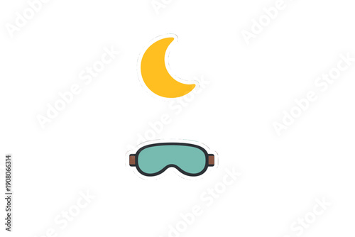 This flat illustration features a yellow crescent moon and a light blue sleep mask with white borders on a black background. It depicts themes of sleep, rest, and nighttime routines.