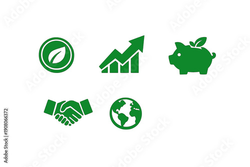 Five green vector icons on a black background depicting a leaf, a growth chart, a piggy bank with a leaf, a handshake, and a globe, symbolizing sustainable business and ecology.
