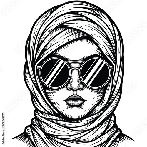 Stylish woman wearing headscarf and sunglasses in a minimalist black and white sketch