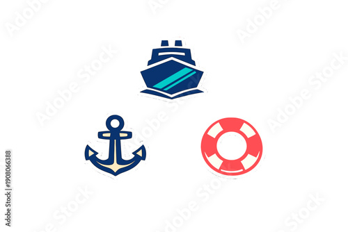 A collection of three nautical stickers featuring a blue cruise ship, a classic anchor, and a red lifebuoy, all set against a solid black background with white borders.