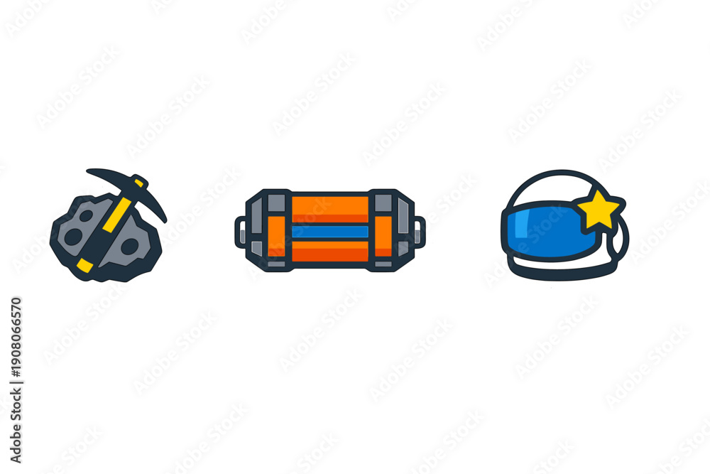 Fototapeta premium A set of three space-themed icons including a pickaxe hitting an asteroid, an orange power cell, and a white astronaut helmet with a blue visor and a yellow star on a black backdrop.