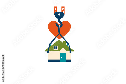 This graphic illustration features a crane hook lifting a small house against a large orange heart. It symbolizes the love and care involved in building or moving into a new home.