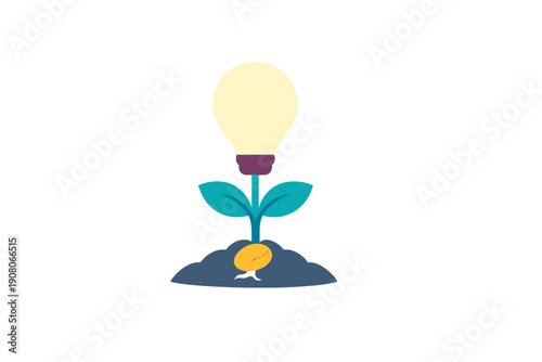 A minimalist graphic shows a light bulb sprouting like a plant from a seed in the ground, symbolizing the growth of new ideas and creative innovation on a black backdrop.