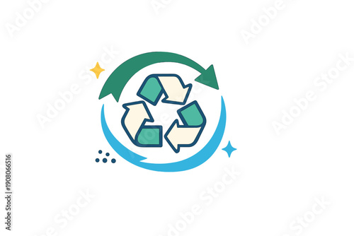 This graphic features a central recycling icon composed of three arrows, enclosed by two larger curved arrows in shades of green and blue, set against a solid black backdrop.