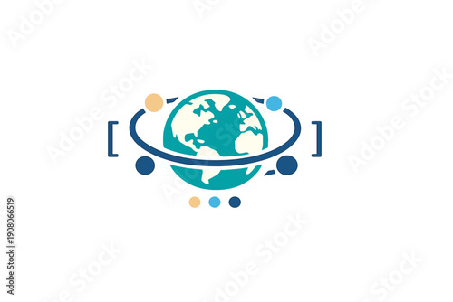 This minimalist graphic features a stylized Earth globe surrounded by a dark blue ring with colorful circular nodes and square brackets, set against a solid black background.