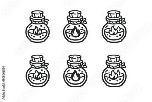 A set of six identical black and white icons featuring round potion bottles with cork stoppers and flame symbols inside, arranged in two rows on a solid black background.