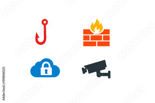 A collection of four cybersecurity icons including a red phishing hook, an orange firewall, a blue cloud with a padlock, and a black security camera on a solid black background.