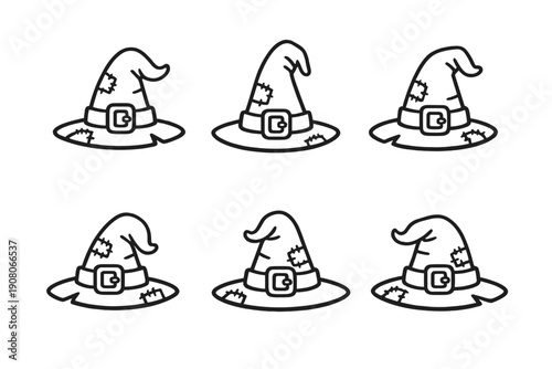 Six different witch hat illustrations in a simple black line art style. Each hat features unique patches and a buckle, perfect for Halloween coloring pages or spooky crafts.