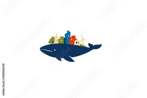 A stylized illustration of a large dark blue whale carrying a colorful miniature city with buildings, a tree, and a wind turbine on its back against a solid black background.
