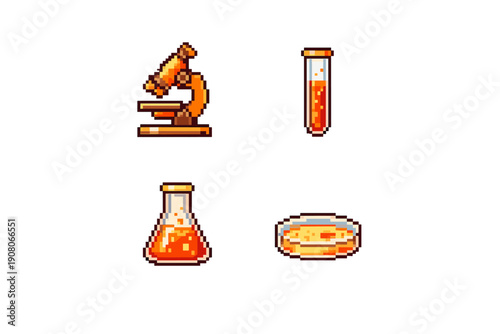 This collection features four pixel art science icons including a microscope, a test tube, a conical flask, and a culture dish with orange liquid, all isolated on a solid black background.