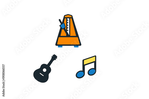 This graphic illustration displays a stylized orange metronome, a dark guitar icon, and a blue musical note on a black background, representing rhythm and musical practice tools.