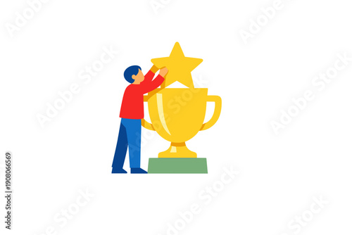 A flat illustration of a person in a red shirt and blue pants placing a large yellow star into a golden trophy cup on a green base, symbolizing achievement and success on a black background.