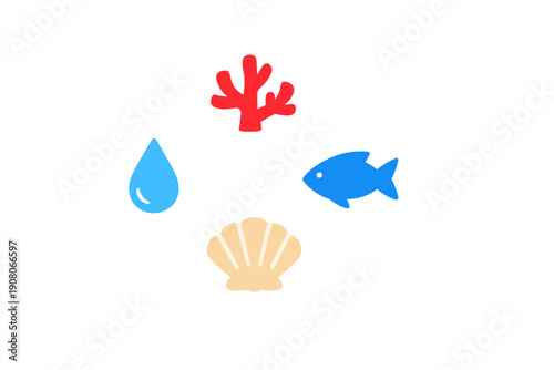 A collection of four minimalist marine icons including a red coral, a blue fish, a light-colored seashell, and a blue water drop, all set against a solid black background.