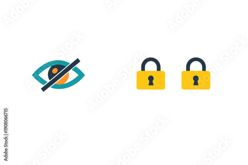 A flat vector illustration featuring a teal eye icon with a diagonal slash next to two yellow padlocks on a black background, symbolizing digital privacy and data security.