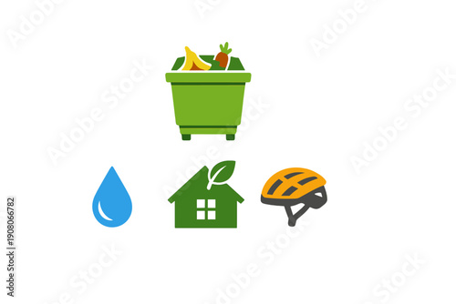 A collection of four flat icons representing sustainability, including a green compost bin with food waste, a blue water drop, an eco-friendly house, and a bicycle helmet on a black background.