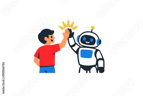 A flat vector illustration featuring a young boy and a friendly robot sharing a high-five with a yellow glow, representing the partnership between humans and artificial intelligence.