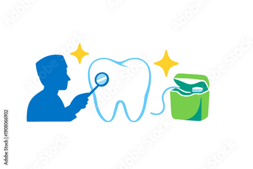 A blue silhouette of a dentist examines a large tooth with a magnifying glass next to a green dental floss container and yellow sparkles on a black background.
