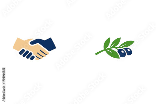 A handshake icon with tan and dark blue hands is positioned next to a green olive branch sticker featuring dark blue olives, both set against a solid black background.