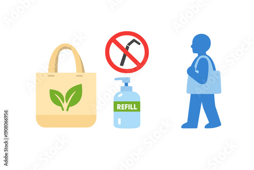 This flat vector illustration features eco-friendly items including a reusable tote bag with a leaf logo, a no-straw sign, a refill bottle, and a person carrying a shopping bag.