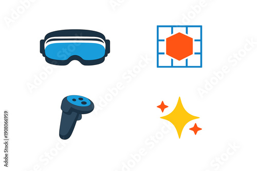 A collection of four virtual reality themed stickers featuring a headset, a 3D cube on a grid, a handheld controller, and sparkles, all set against a solid black background.