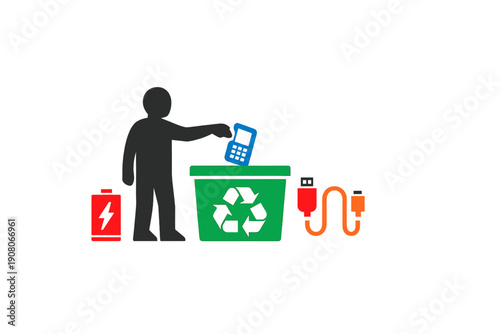 A silhouette of a person throwing a mobile phone into a green recycling bin with a white recycle symbol. A battery and a USB cable are shown next to the bin on a black background.