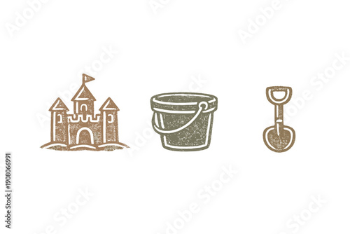 A set of three hand-drawn beach icons featuring a sandcastle, a bucket, and a shovel. The illustrations have a textured, stamp-like appearance and are set against a solid black background.