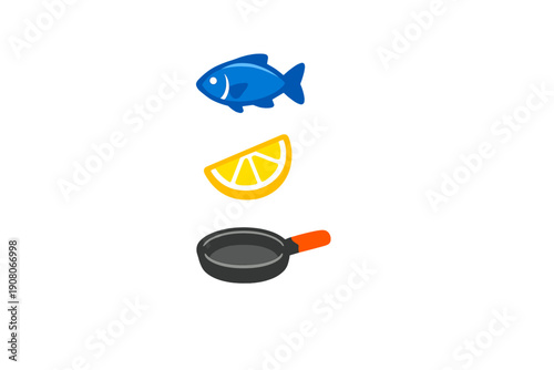 Three colorful icons including a blue fish, a yellow lemon wedge, and a black frying pan with an orange handle are stacked vertically against a plain black background.