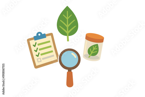 This flat vector illustration shows tools for nature study, including a green leaf, a magnifying glass, a specimen jar, and a clipboard with a checklist on a black background.