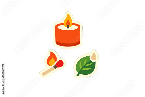A set of three illustrated stickers featuring a lit orange candle, a burning matchstick, and a green leaf with a drop of water, all set against a solid black background.