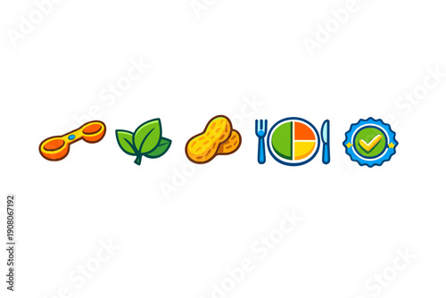 A collection of five colorful food and nutrition icons featuring measuring spoons, green leaves, peanuts, a balanced meal plate with cutlery, and a blue quality badge on a black background.