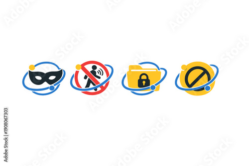 A set of four privacy and security icons including a mask, a restricted access sign, a locked folder, and a forbidden symbol, each surrounded by blue orbital rings on black.